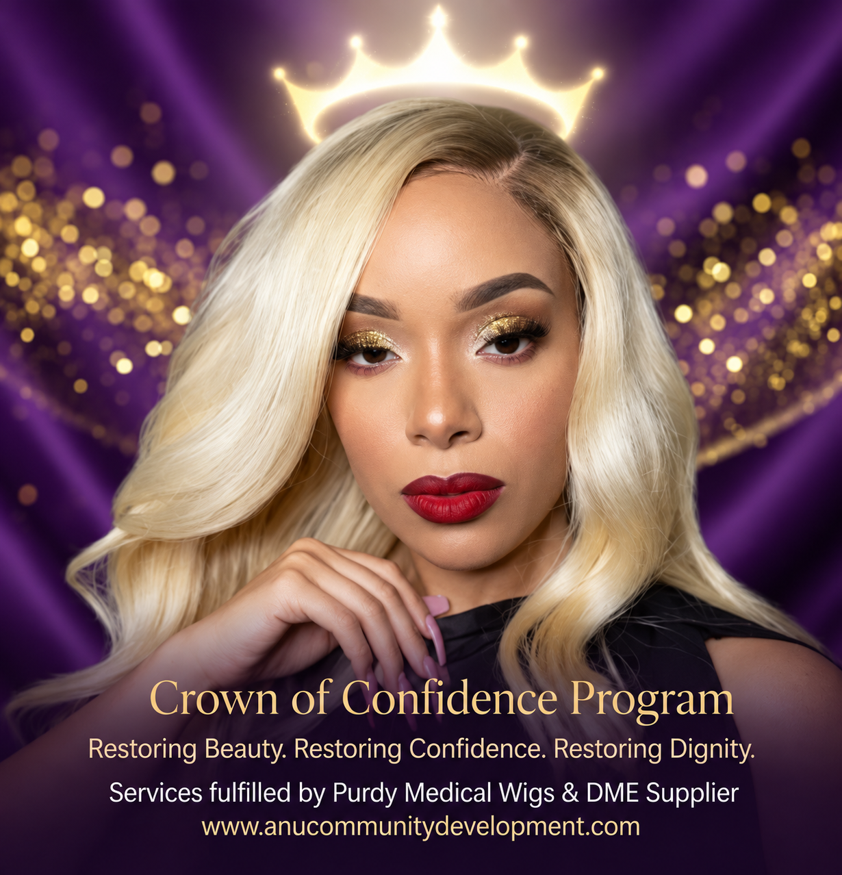 Crown of Confidence Program portrait with blonde wig and glowing crown; services fulfilled by Purdy Medical Wigs and DME Supplier
