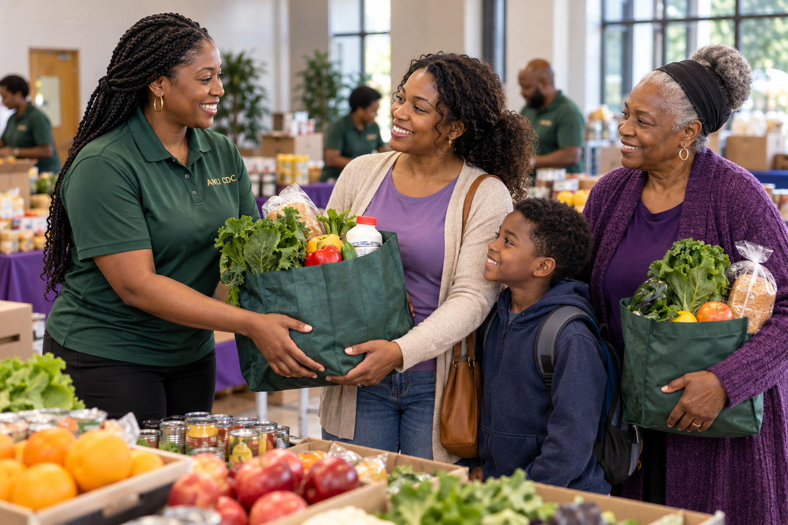 Illustration of an ANU CDC volunteer sharing groceries with a family and senior