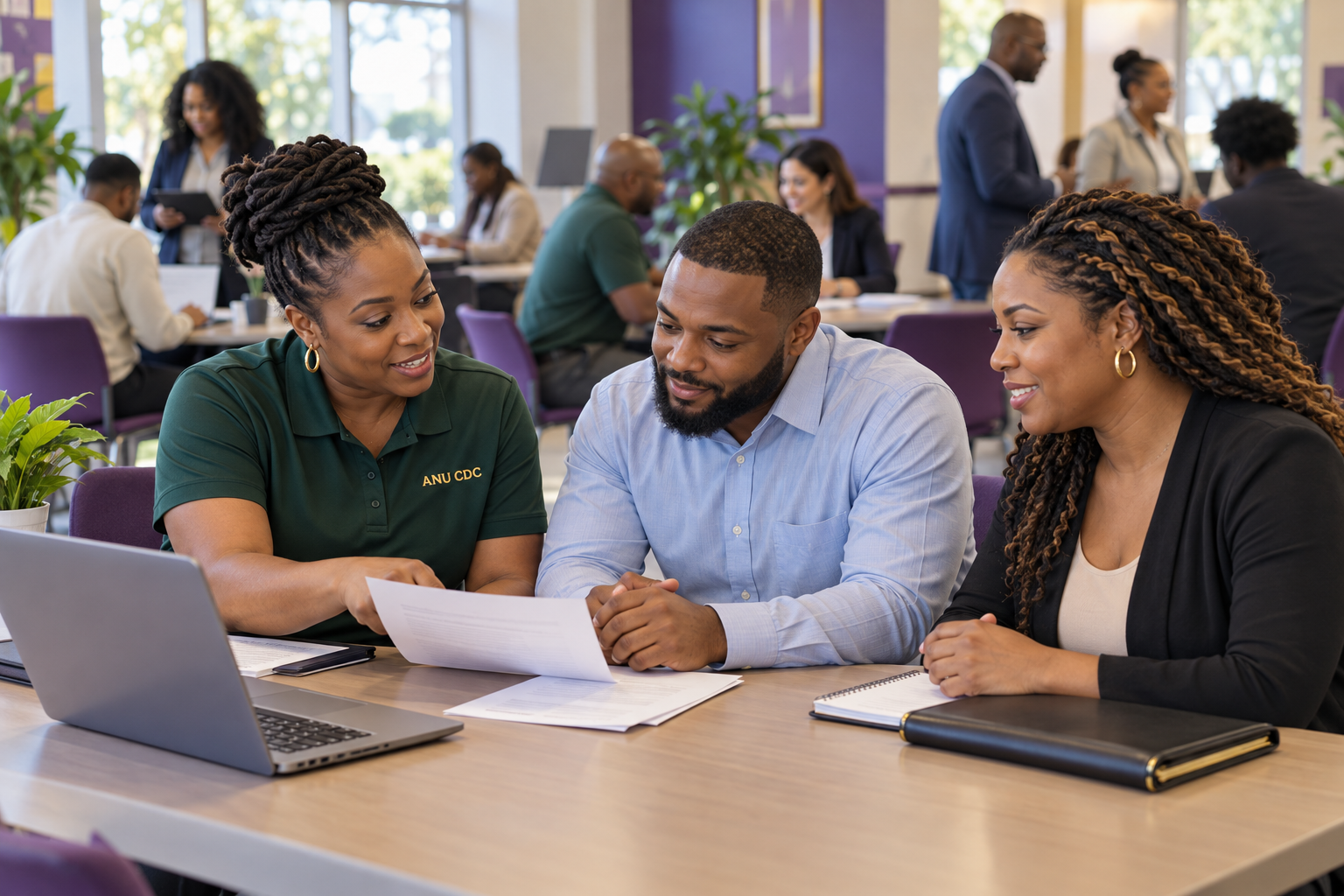 Illustration of an ANU CDC career advisor helping adults prepare resumes and explore employment